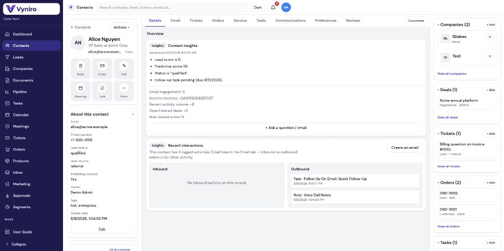 Vyniro contact profile with AI insights and related records