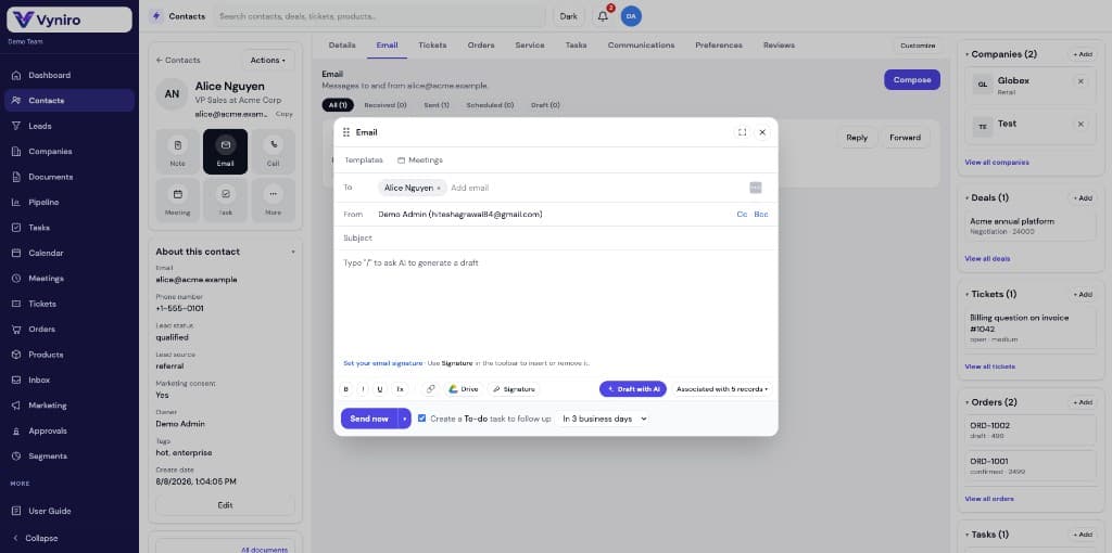 Vyniro AI email composer on a contact record