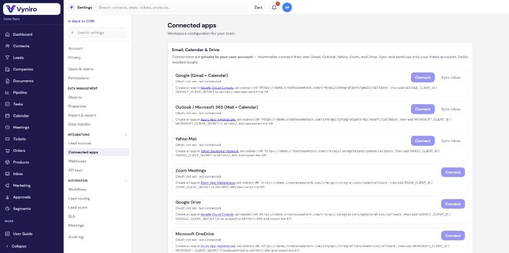 Vyniro connected apps for email calendar and meetings