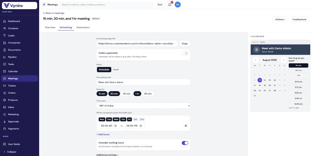 Vyniro meeting scheduler with live booking preview