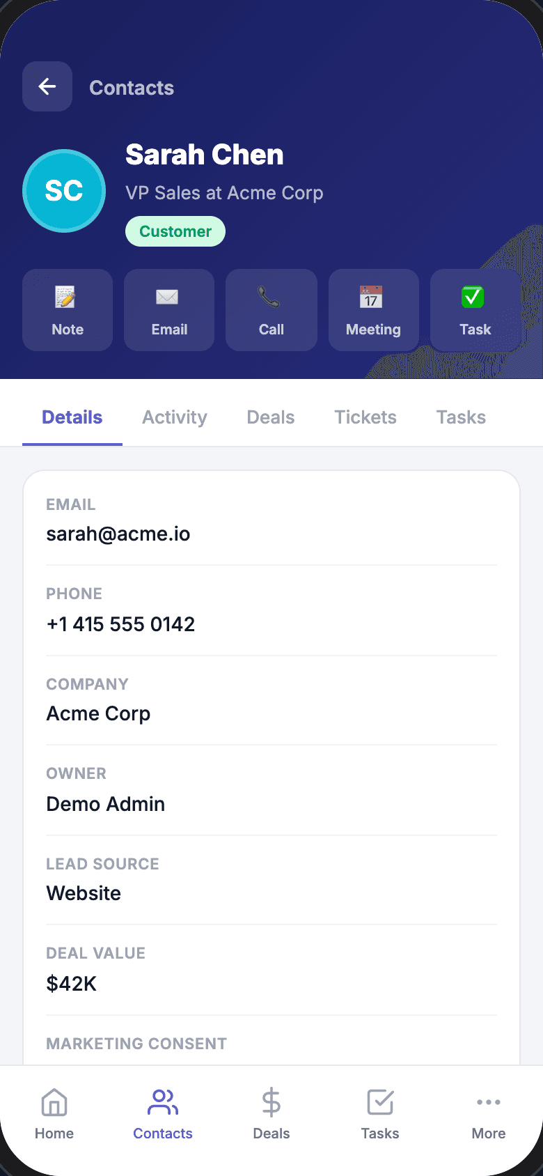 Vyniro CRM mobile Contact details