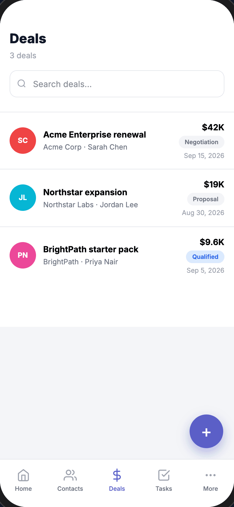 Vyniro CRM mobile Deals