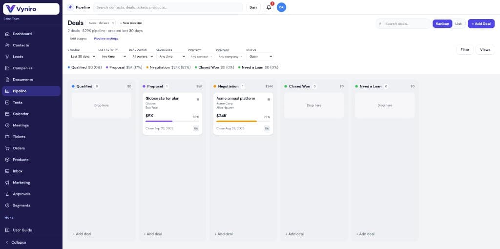 Vyniro CRM pipeline Kanban board