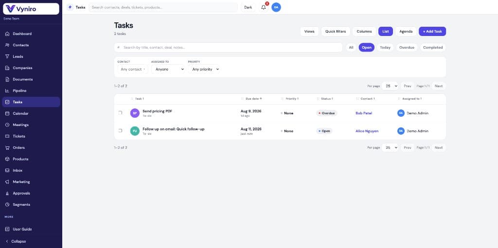 Vyniro CRM tasks list with overdue and open statuses