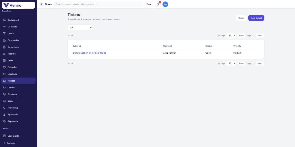 Vyniro tickets shared inbox linked to contacts